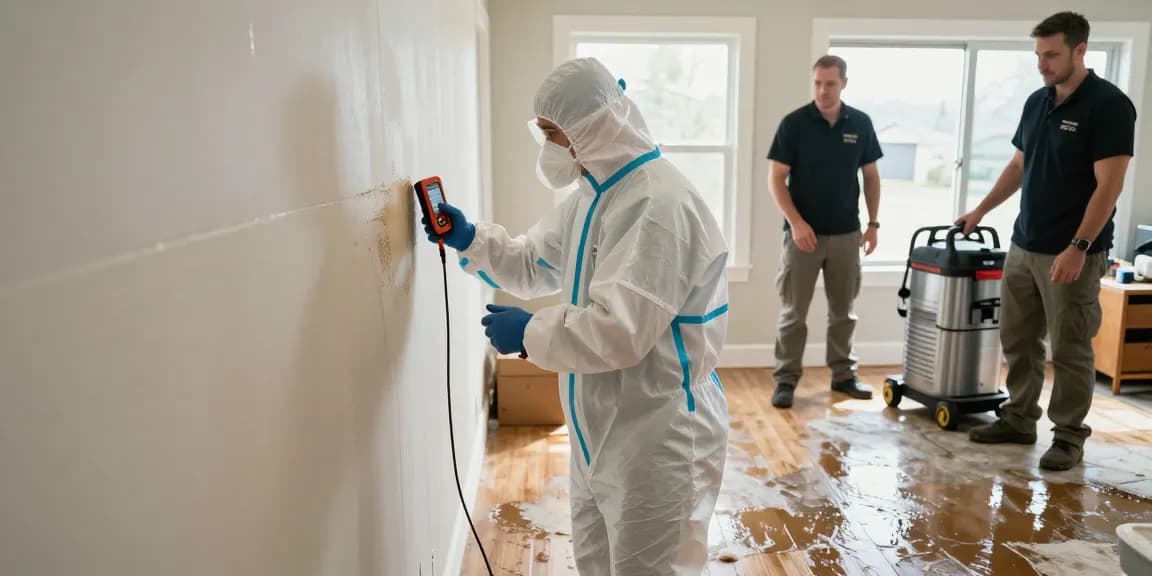 Water Damage Restoration North Vancouver technician inspecting water damage, showcasing emergency response equipment and fast action