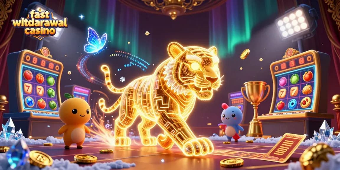 Experience the thrill of fast withdrawal casino action with vibrant 3D illustration of a golden tiger in a digital landscape.