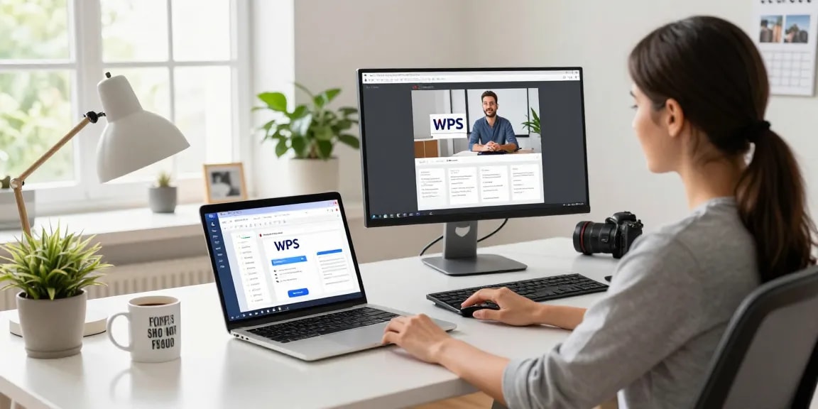 WPS Download on a laptop in a bright modern home workspace showcasing productivity tools.