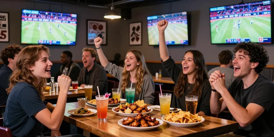 sports bar Mississauga with friends enjoying food and drinks while watching a live game.