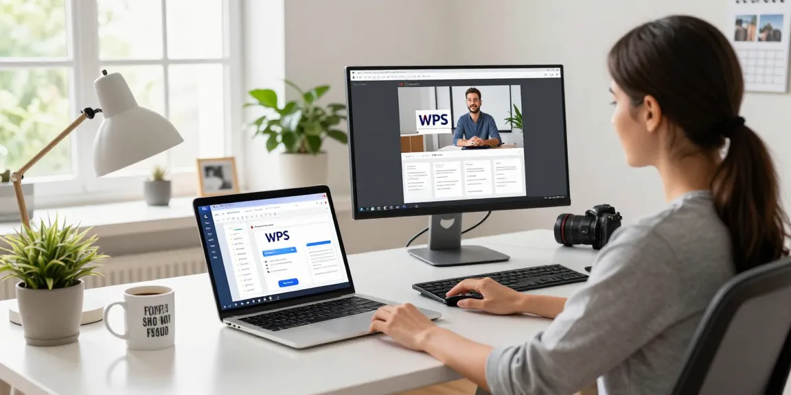 WPS Download on a laptop in a bright modern home workspace showcasing productivity tools.