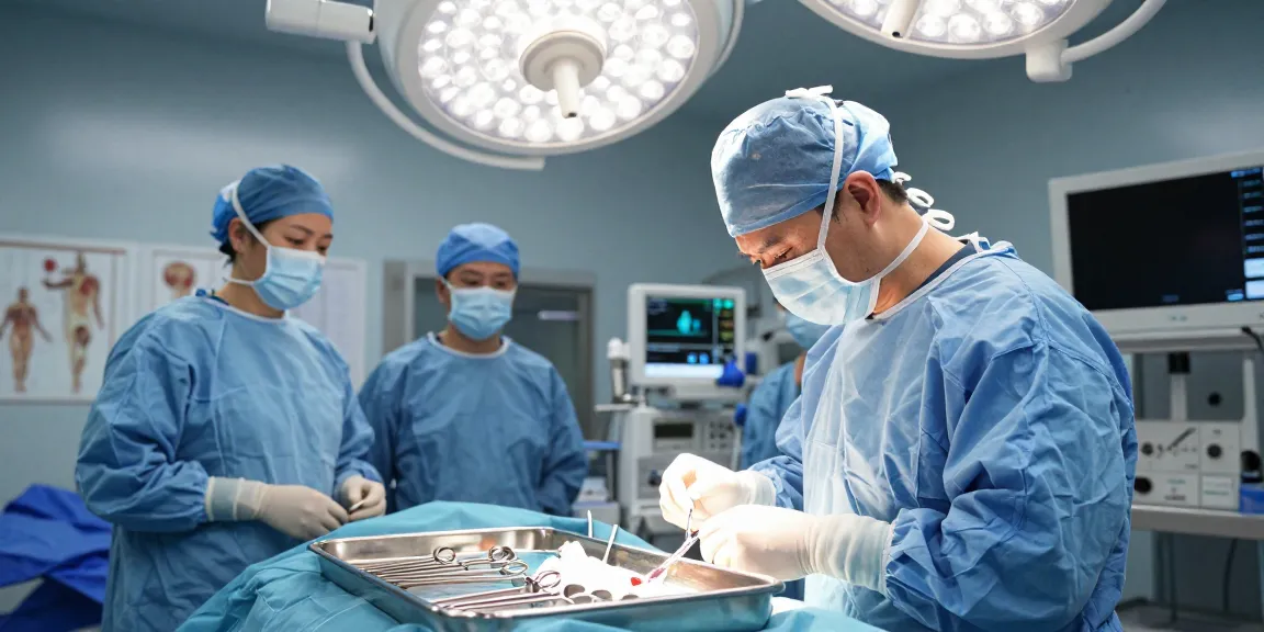 Surgical instruments neatly arranged in a bright operating room with a focused surgical team.