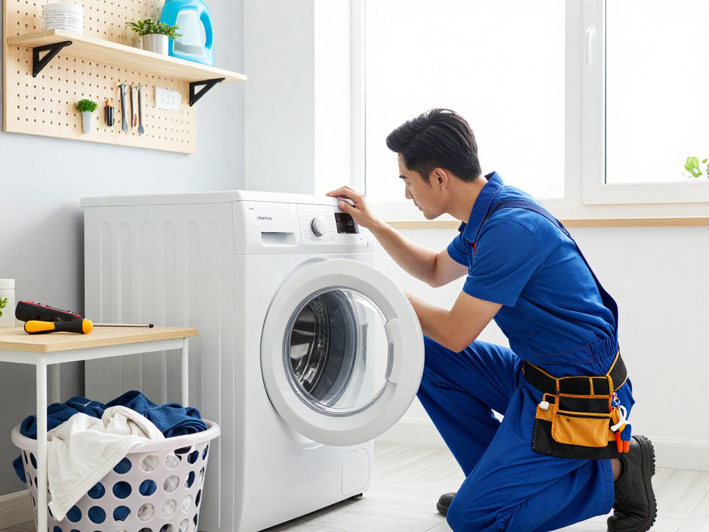 Expert washer repair technician inspecting a front-loading washer in a modern laundry room.