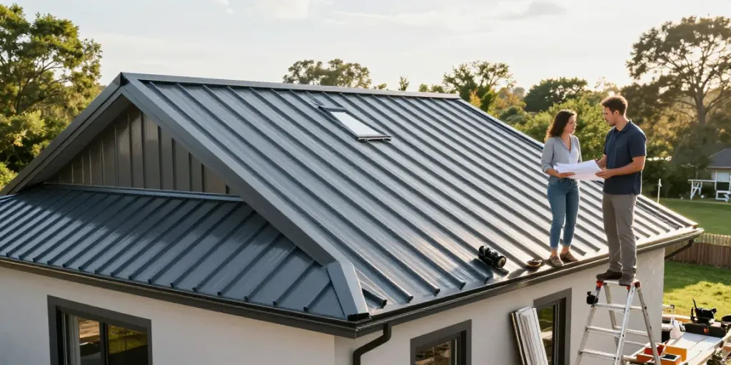Discussing Metal Roof Cost with contractor on a modern home’s standing seam roof.