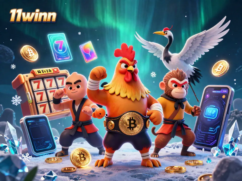 Engage in thrilling slot games with a dynamic 3D scene featuring 11winn characters and crypto elements.