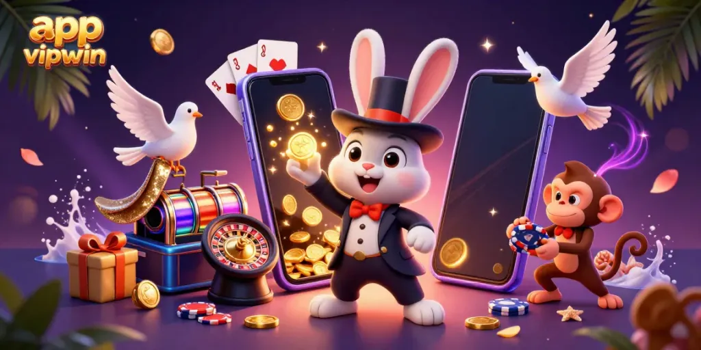 Experience thrilling excitement with the app vipwin as a magician rabbit entertains with coins and games in a vibrant 3D scene.