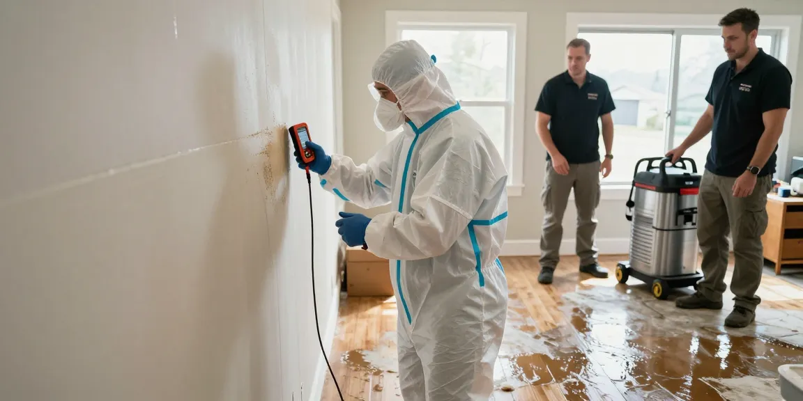 Water Damage Restoration North Vancouver technician inspecting water damage, showcasing emergency response equipment and fast action