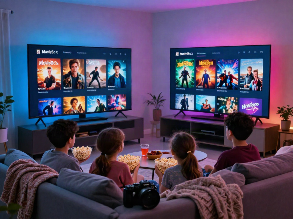 Family enjoying a movie night using the MovieBox app for free HD films.