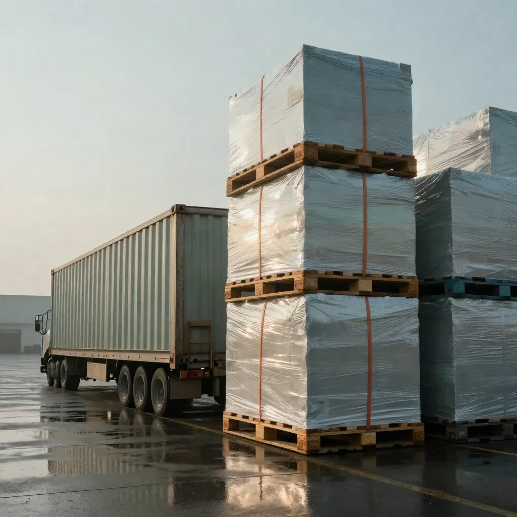 Rainy dawn freight apron with wrapped pallets, cargo cases, a container corner, and a curtain-side trailer in mist.