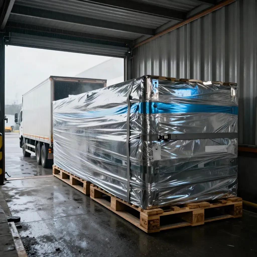 Shrink-wrapped export pallets and a curtain-side trailer in a wet covered freight dock