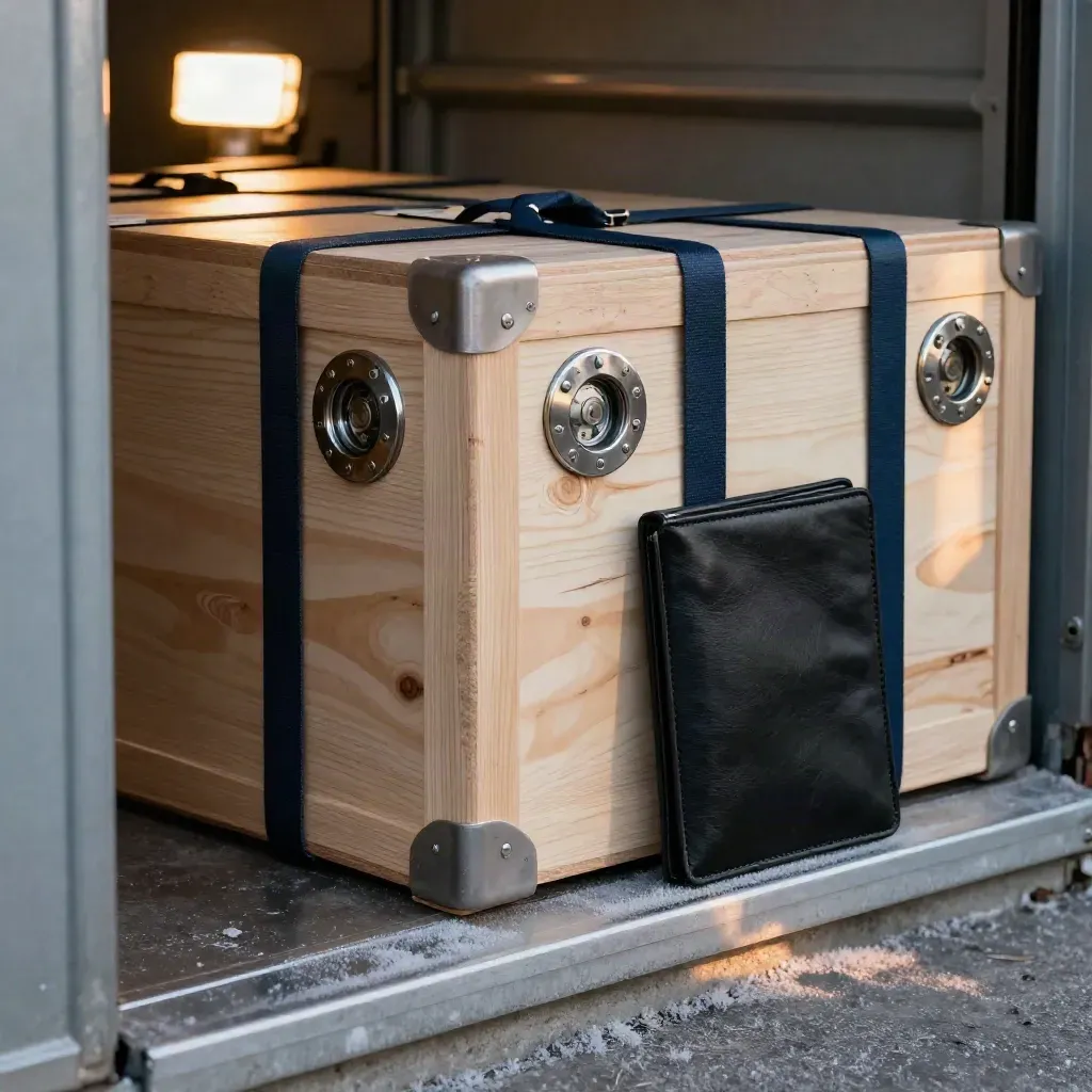 Sealed export crates at a customs-brokerage threshold with navy straps and frosted metal seals