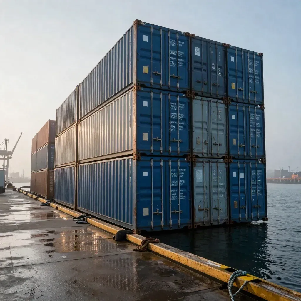 Steel-blue container stack on a wet port quay with mooring lines and harbor mist.