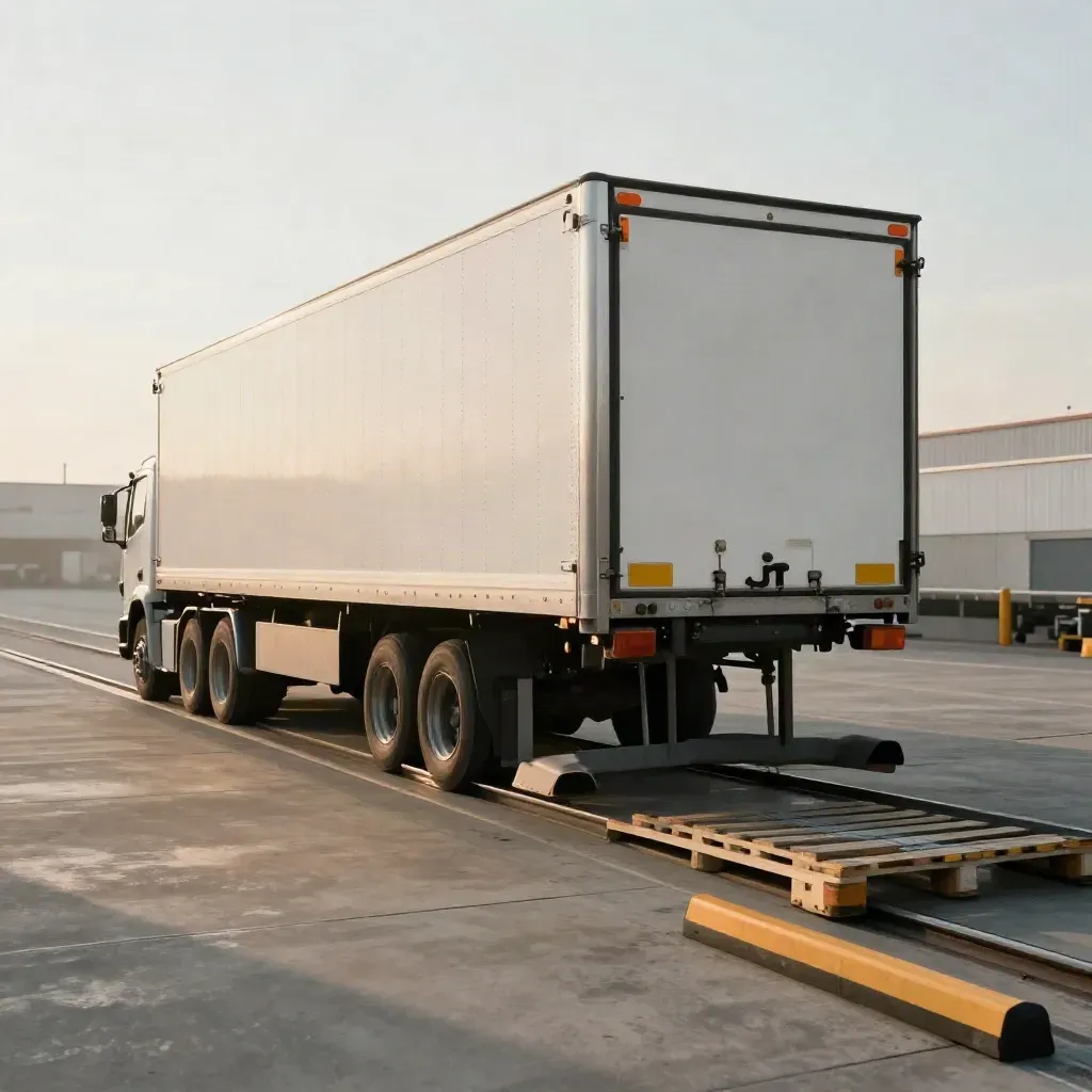 Low hero view of a refrigerated trailer backed to a loading dock with strapped skids at the threshold.