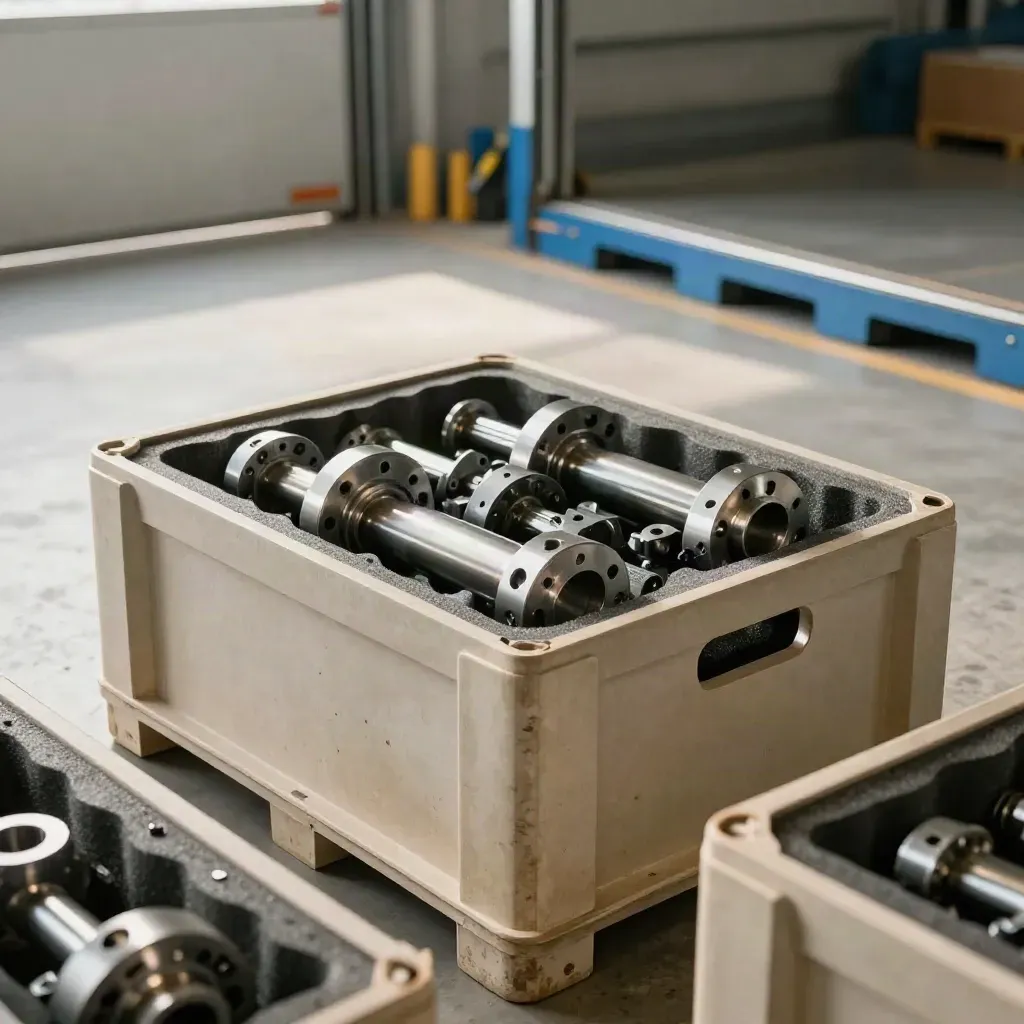 Foam-lined export crates of machined steel parts in a bright plant receiving bay.
