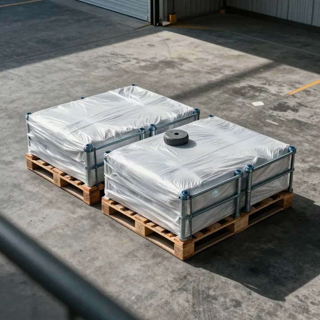 Top-down view of pallet stacks, roll cages, and a tally puck on a concrete warehouse bay floor.