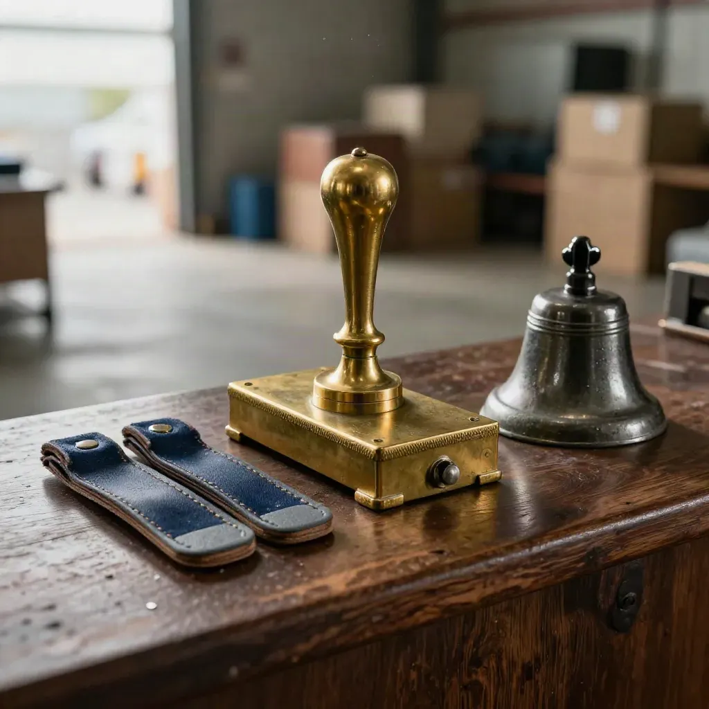 Brass seal press, route dividers, and dock bell on dark walnut in a macro logistics still life.
