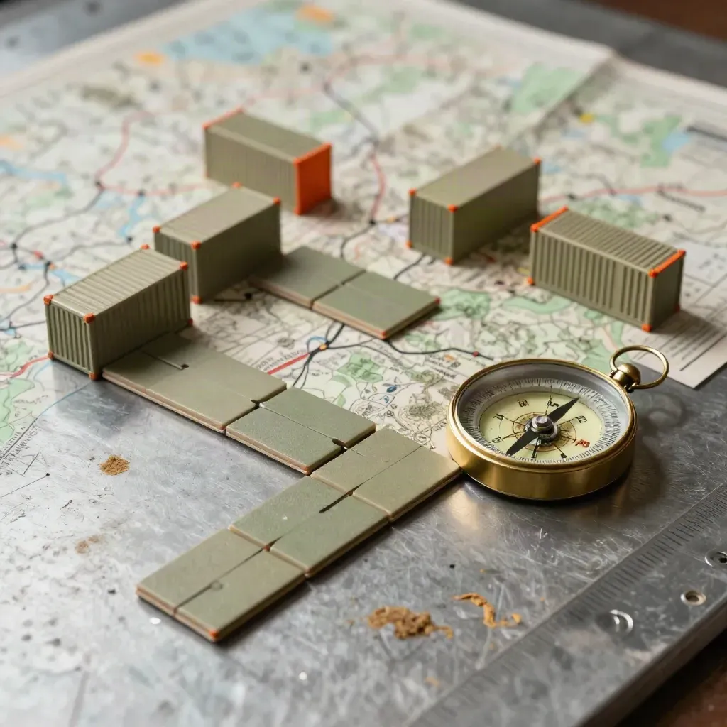 Freight planner’s magnetic route tiles, container blocks, and compass on steel