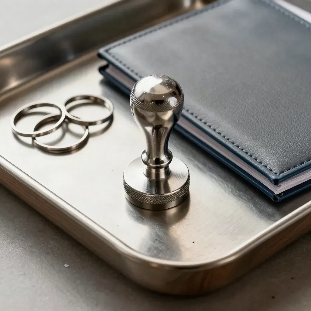 Top-down macro of a customs seal, metal rings, and closed folio on brushed steel