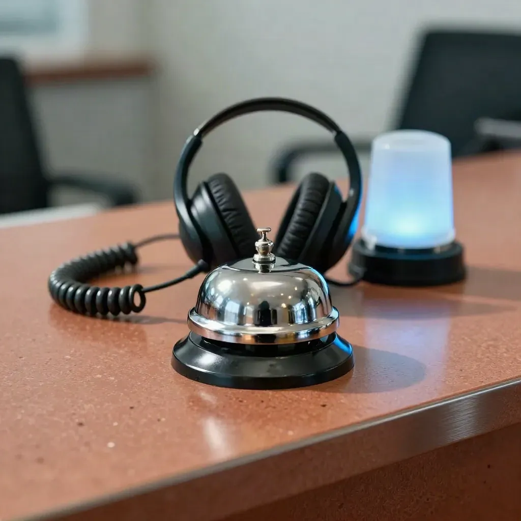 Desk bell, headset cradle, coiled cord and status lamp on a terracotta support counter.