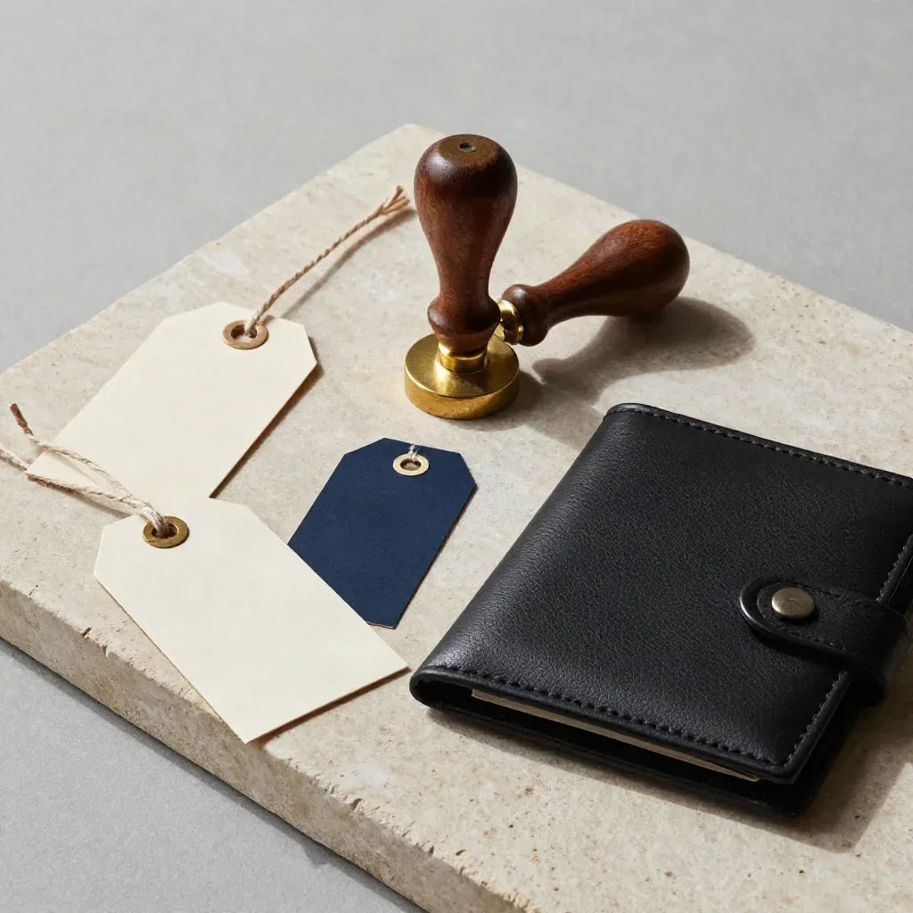 Brass stamp, cargo tags, route token and quote wallet on pale stone in soft side light.