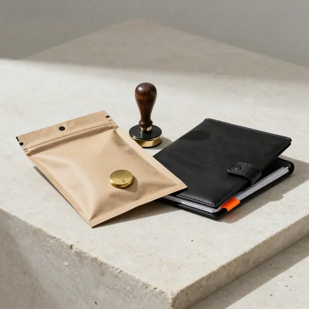 Sealed cargo pouch, approval stamp, embossing seal, and closed folio on stone.