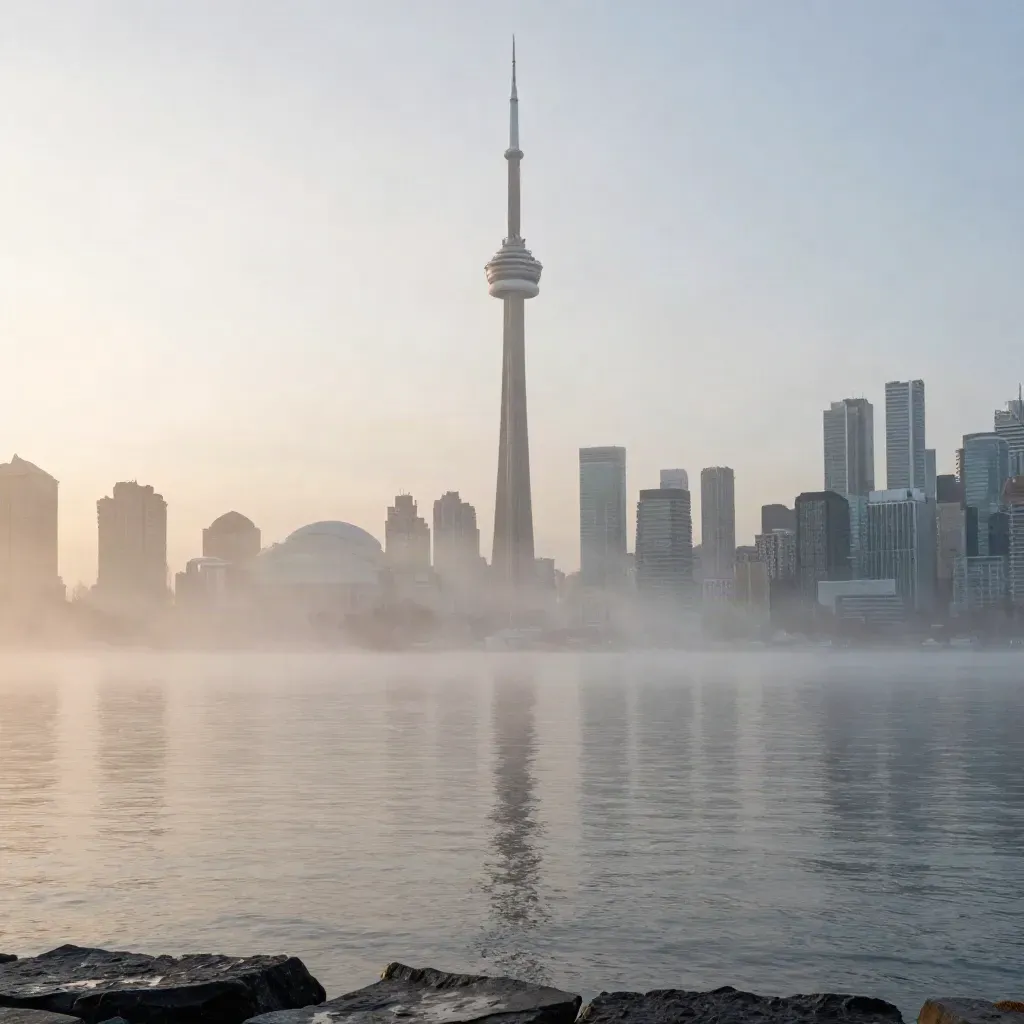 Misty Toronto waterfront sunrise with the CN Tower high above calm lake water and haze