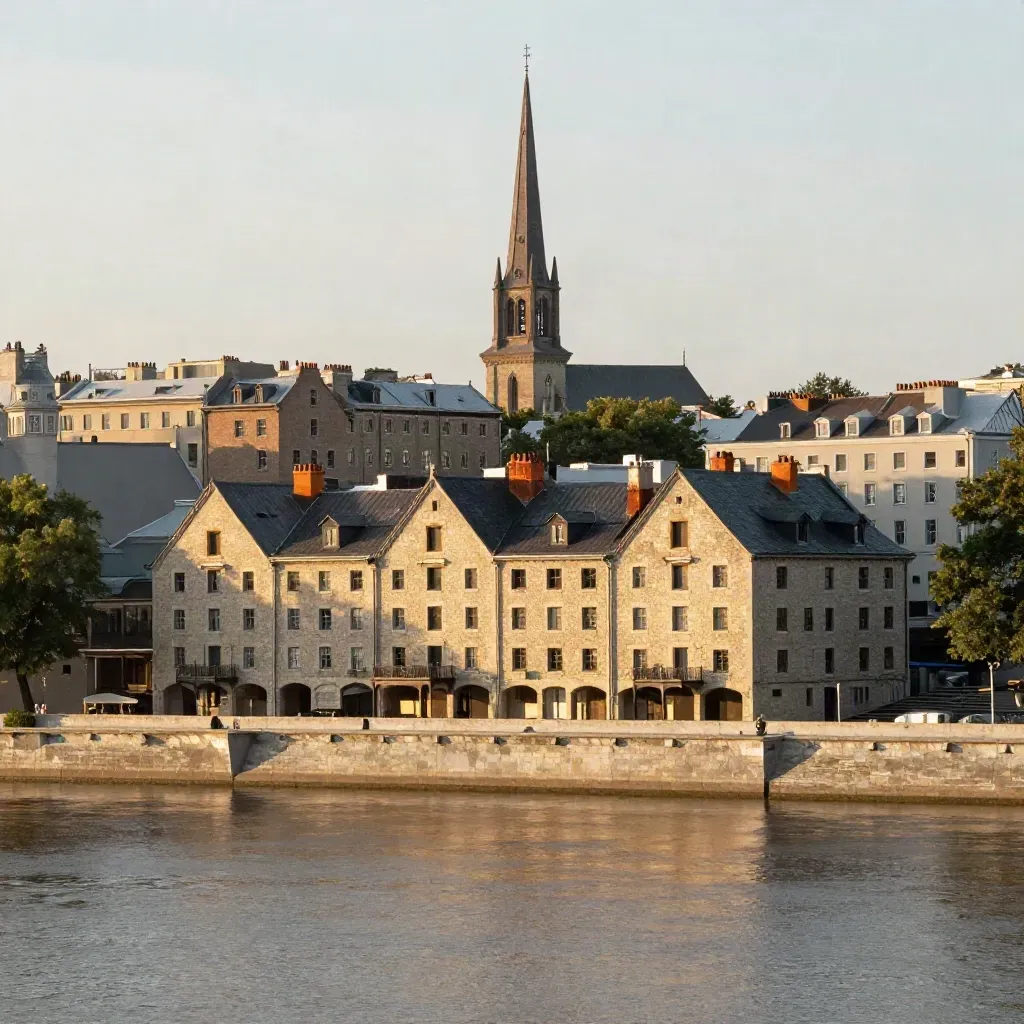 Golden-hour Old Montreal rooftops and a church spire over the St. Lawrence, with calm water below.