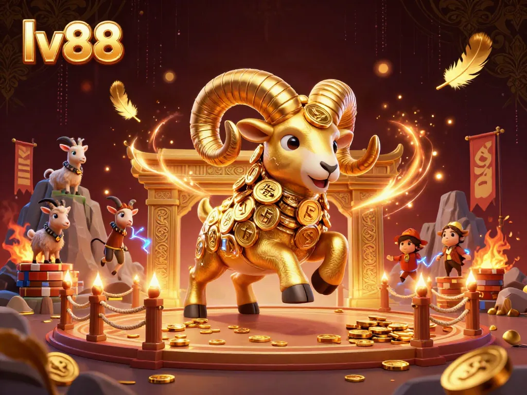 lv88 game adventure featuring a golden ram charging through a lavish casino atmosphere.