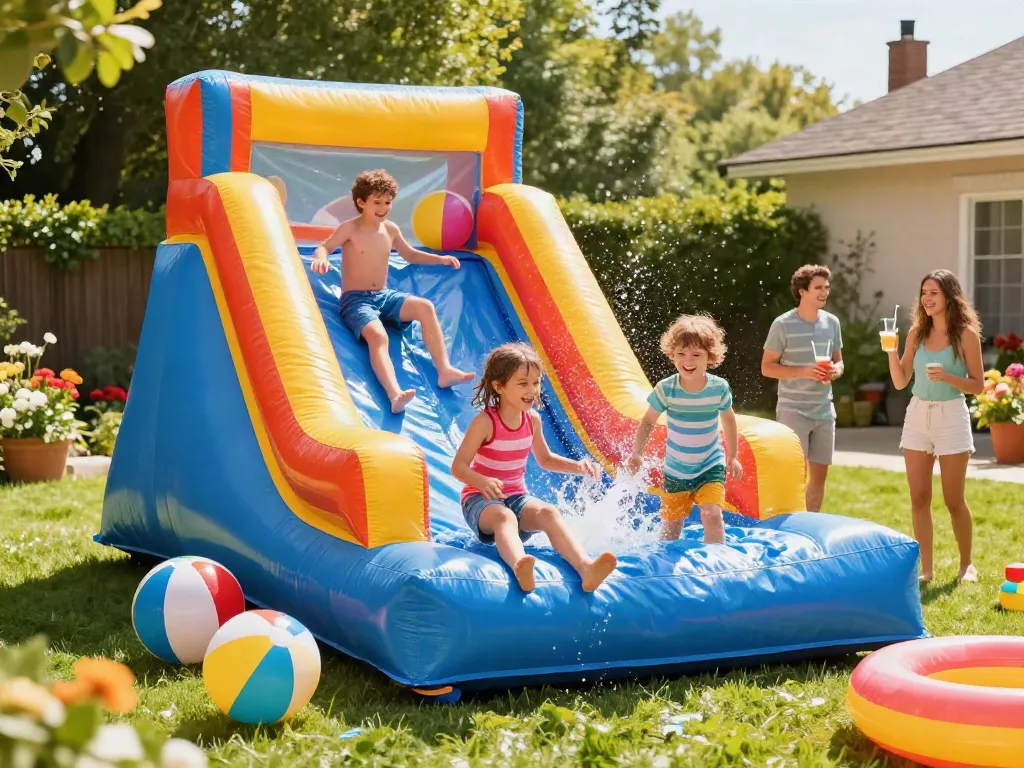 Children enjoying a slide water slide in a sunny backyard with joyful splashes and colorful floats.