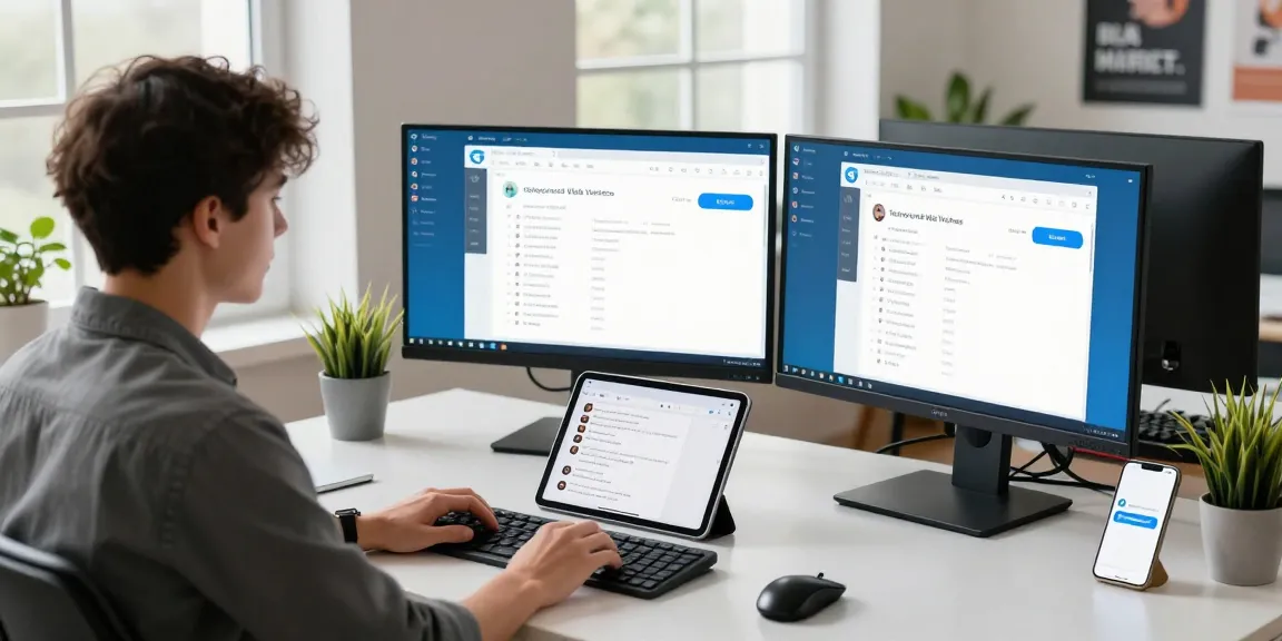Using the Telegram Web Version on multiple screens in a modern workspace, showcasing productivity and technology integration.