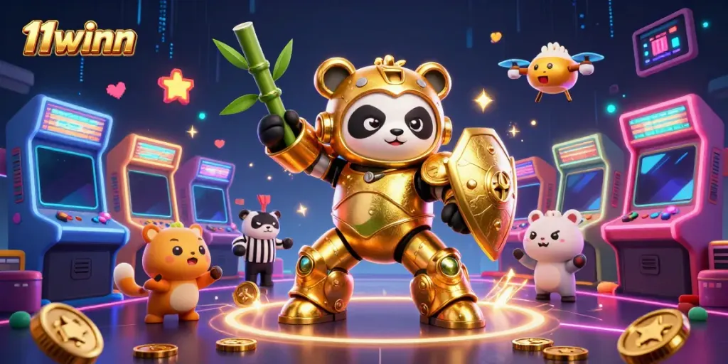 Engage in 11winn's vibrant gaming arena with a panda piloting a robot amidst colorful arcade machines and cheering spectators.